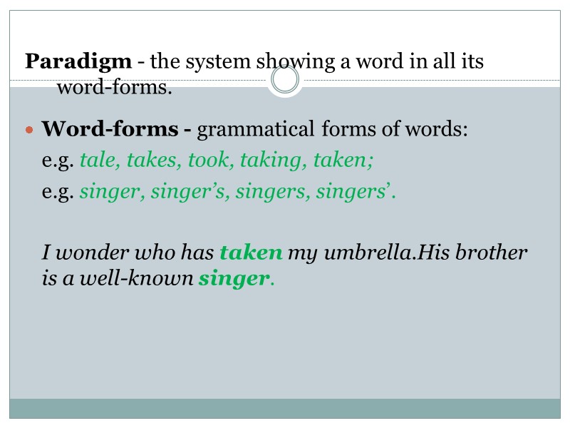 Paradigm - the system showing a word in all its word-forms.  Word-forms -